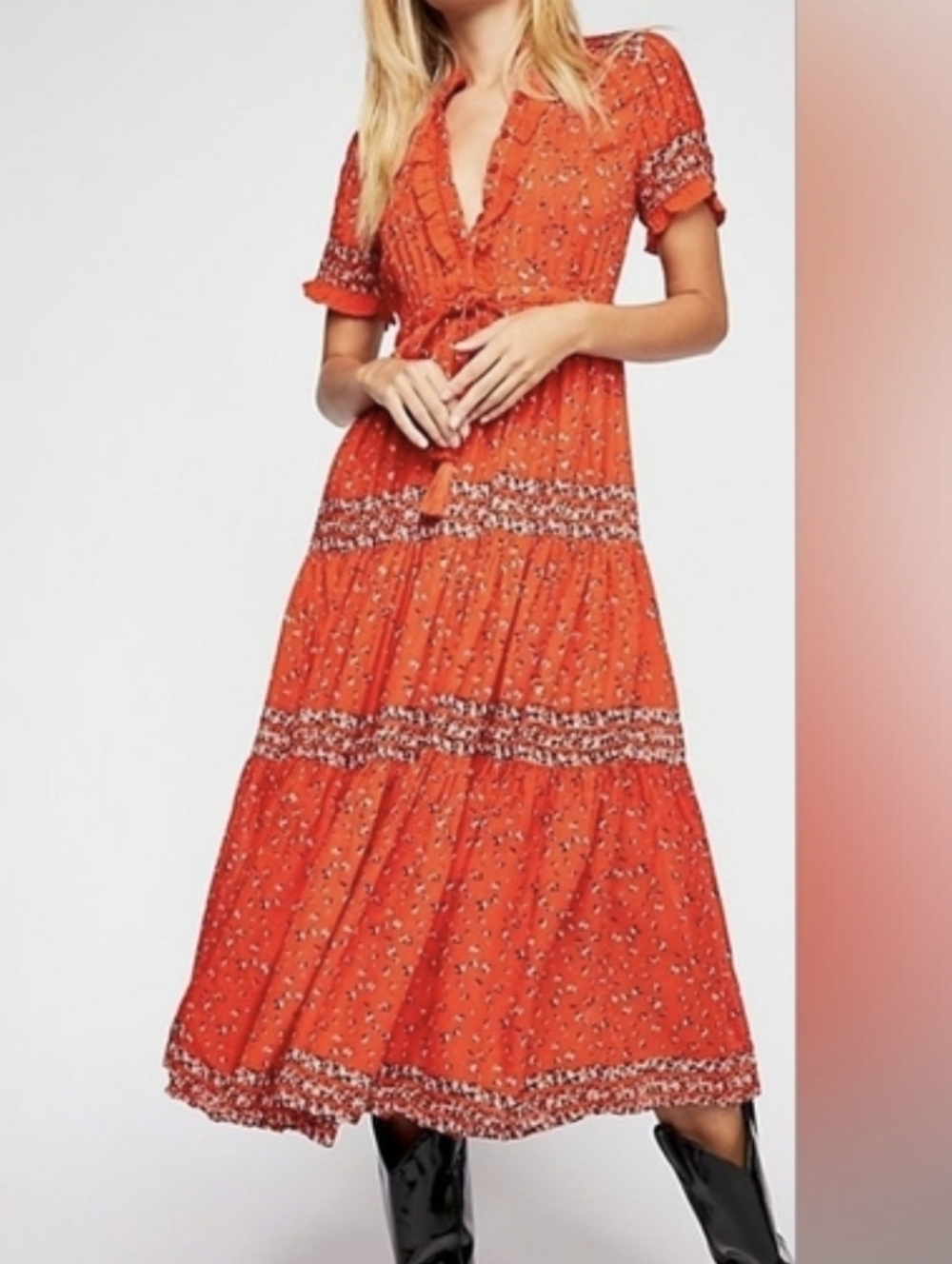 Free People Orange Floral Maxi  Dress-rare Feelings Size:S